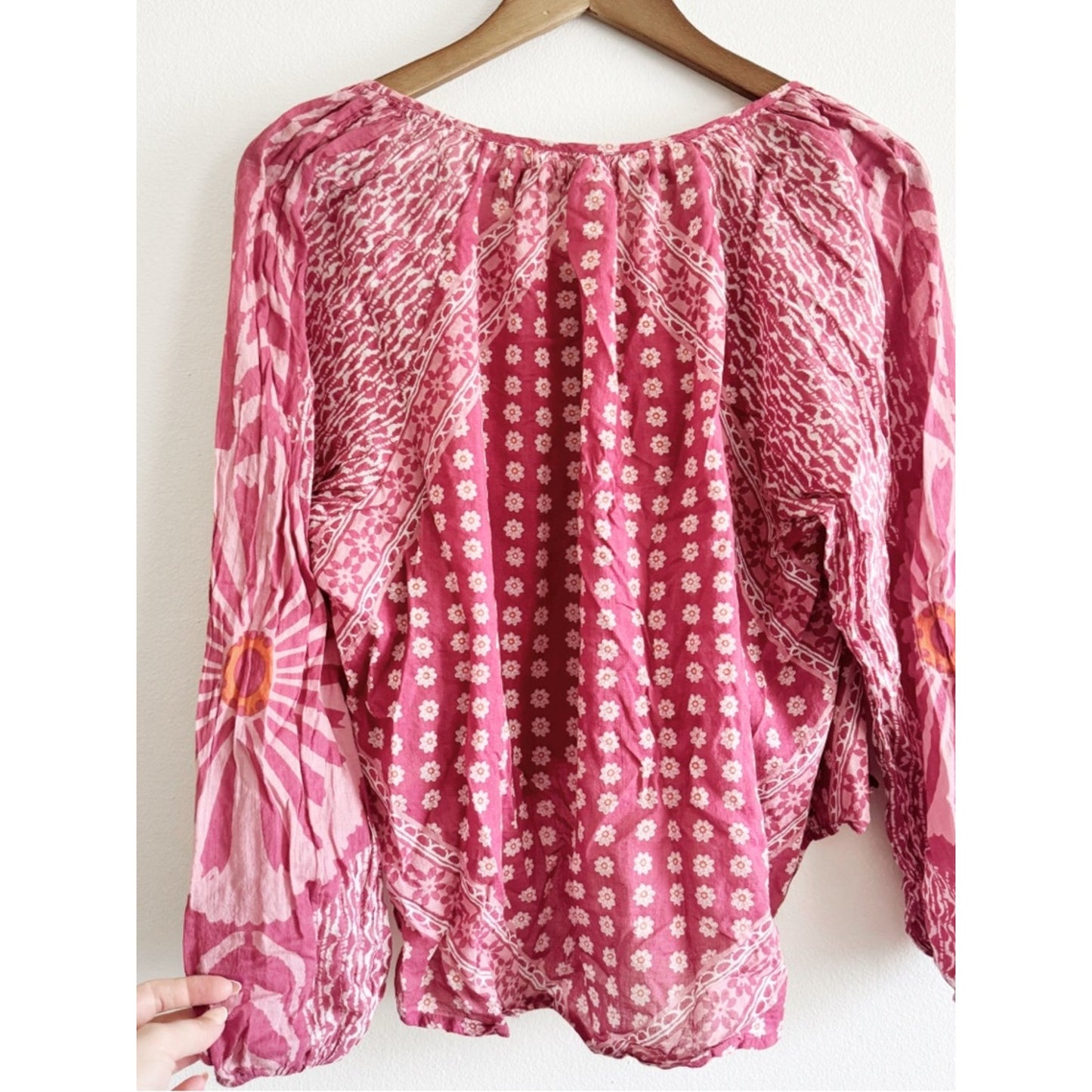 Free People Women's Pink Floral Peasant Blouse with Long Sleeves XS