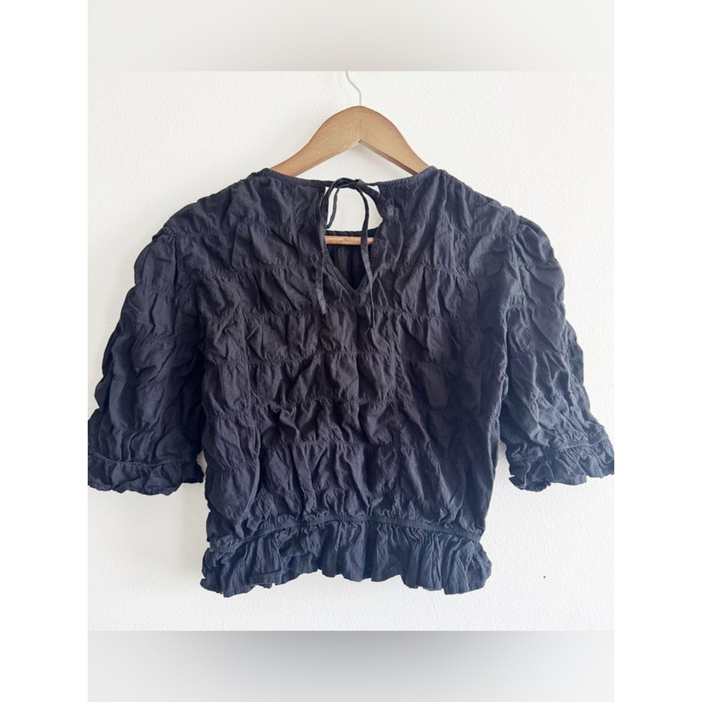 Future Collective Black Ruffle-Hem Puff Sleeve Blouse small