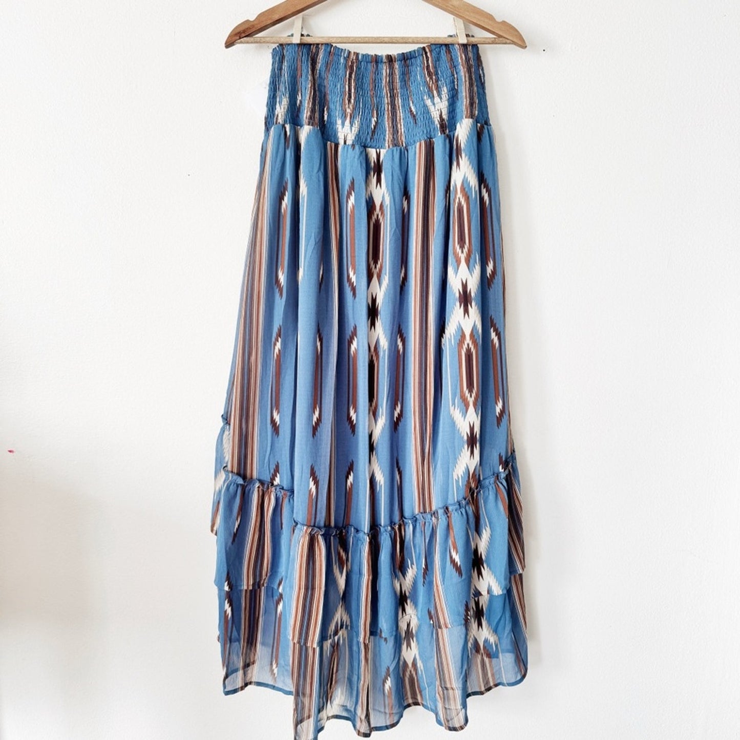 Ariat Blue Ikat Tiered High-Low Maxi Skirt with Brown Accents medium