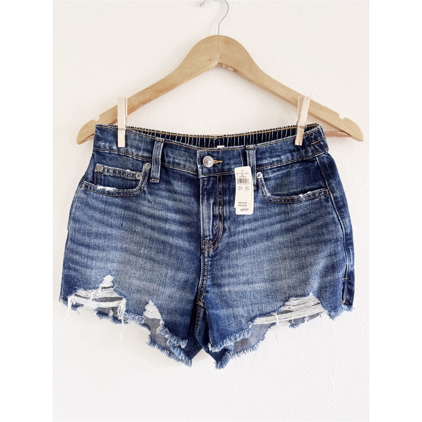 aerie Ripped Mid-Rise Blue Denim Shorts xs NWT