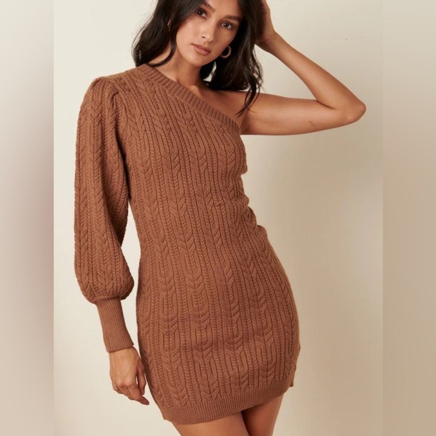 Mittoshop Brown Cable Knit one shoulder Sweater Dress small NWT
