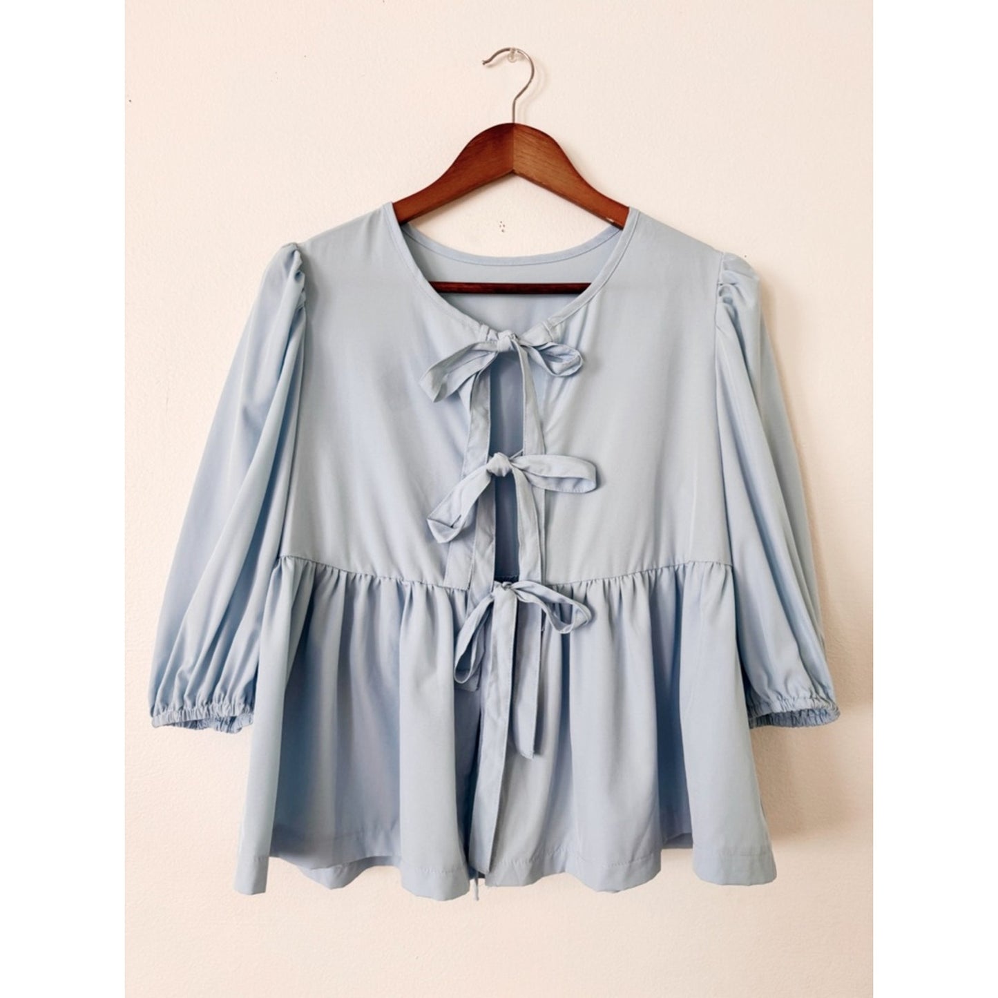 SHEIN Light Blue Tie-Front Peplum Blouse small