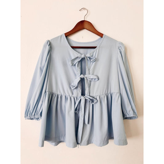 SHEIN Light Blue Tie-Front Peplum Blouse small
