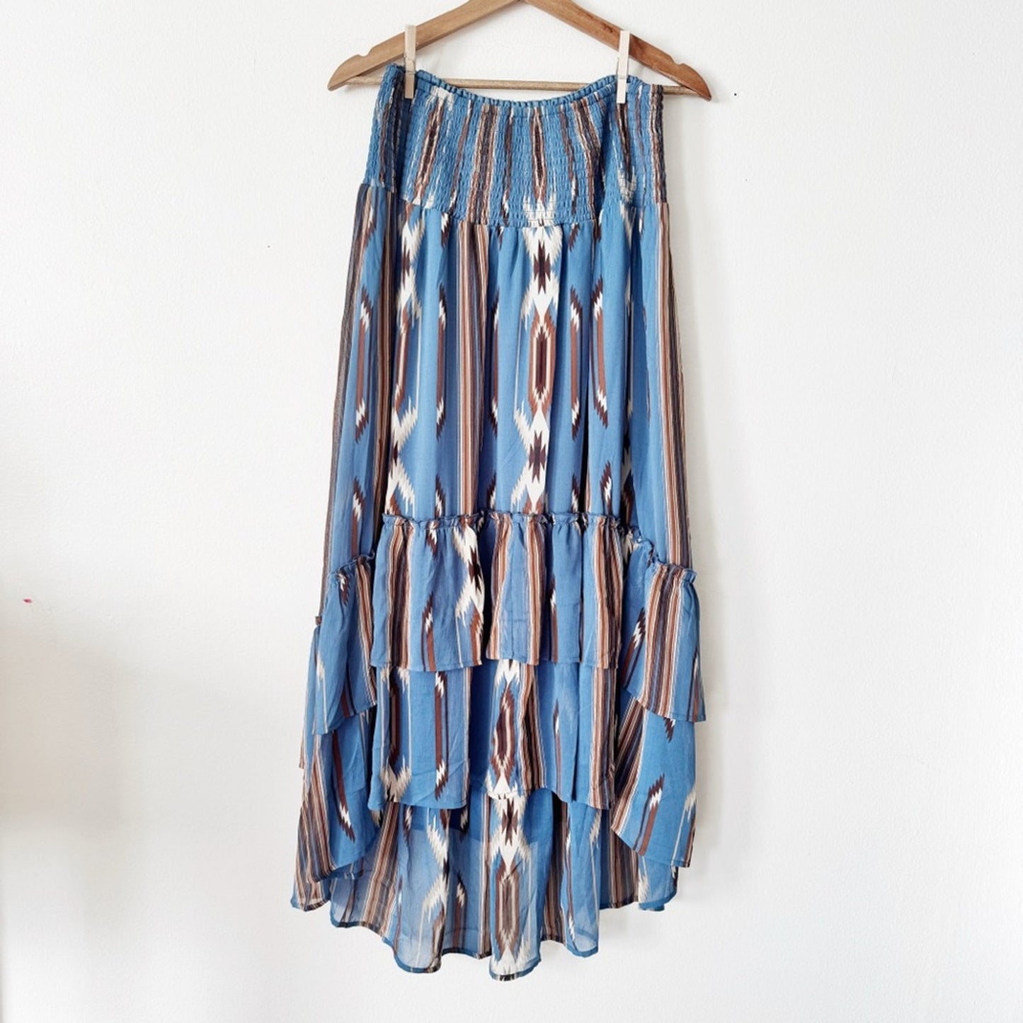 Ariat Blue Ikat Tiered High-Low Maxi Skirt with Brown Accents medium