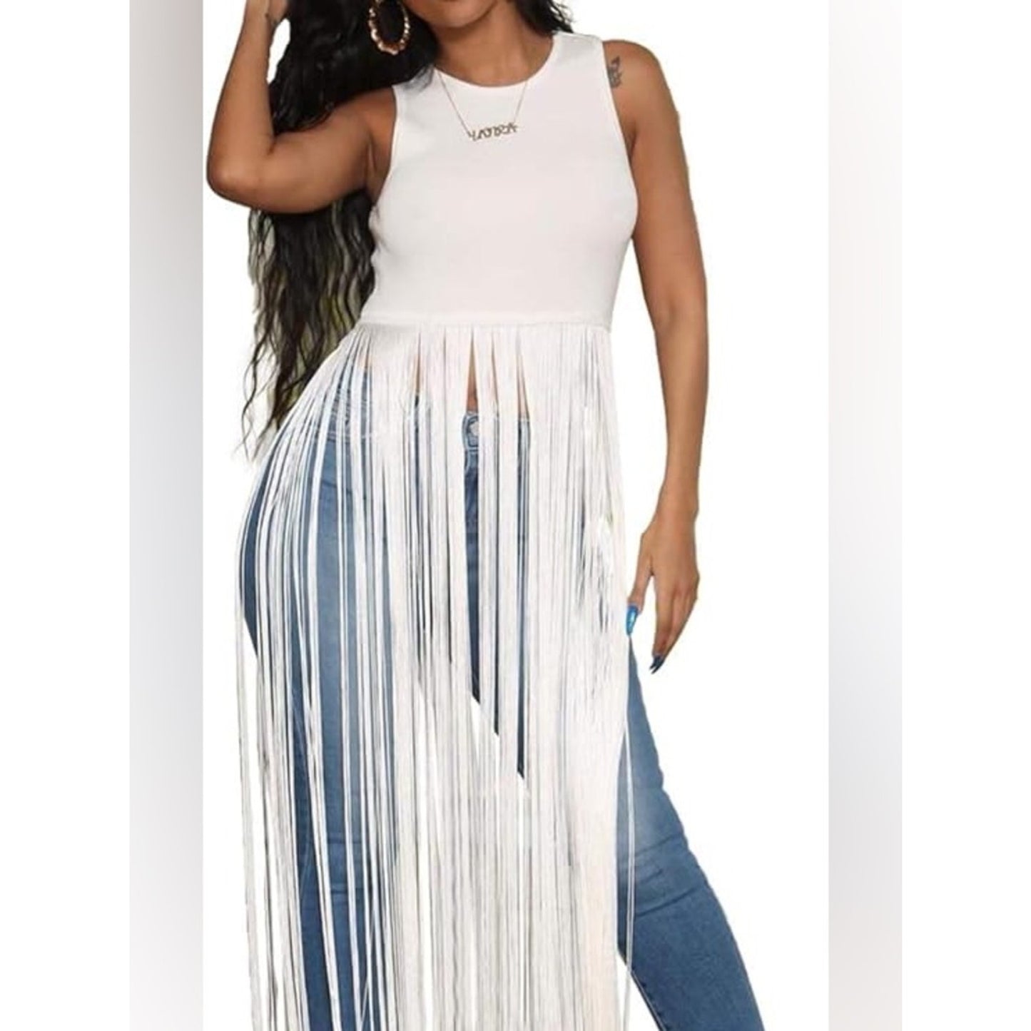 Rehab White Sleeveless tank with long tassels medium