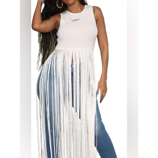 Rehab White Sleeveless tank with long tassels medium