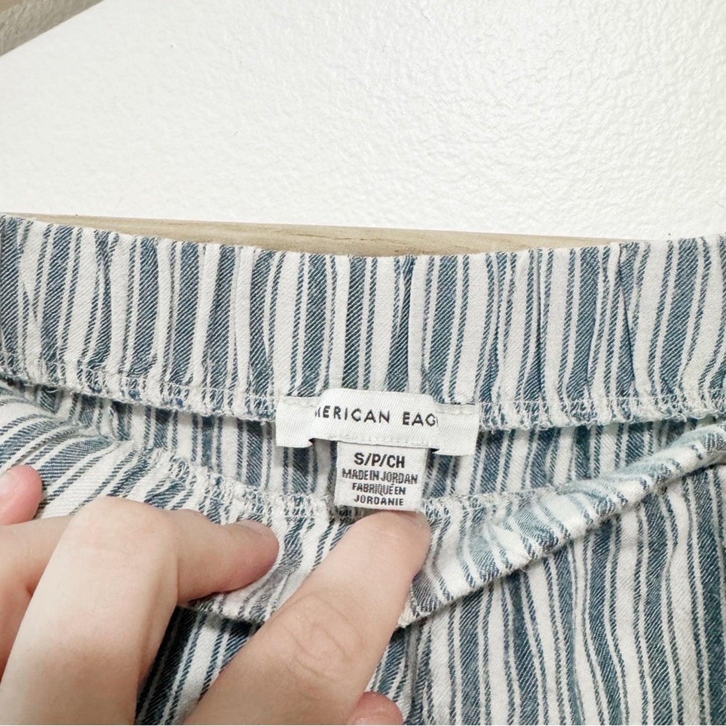 American Eagle Blue and White Striped High-Waist Ruffle Hem Shorts small