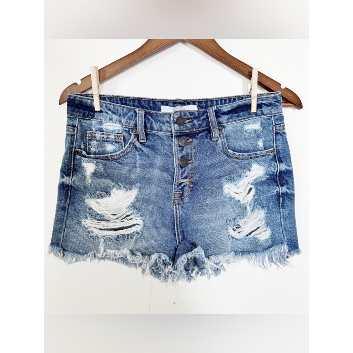 Hidden High-Rise Distressed Women's Denim Shorts in Blue medium