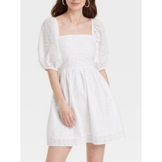 a new day White Eyelet Dress with Square Neck and Smocked Back medium