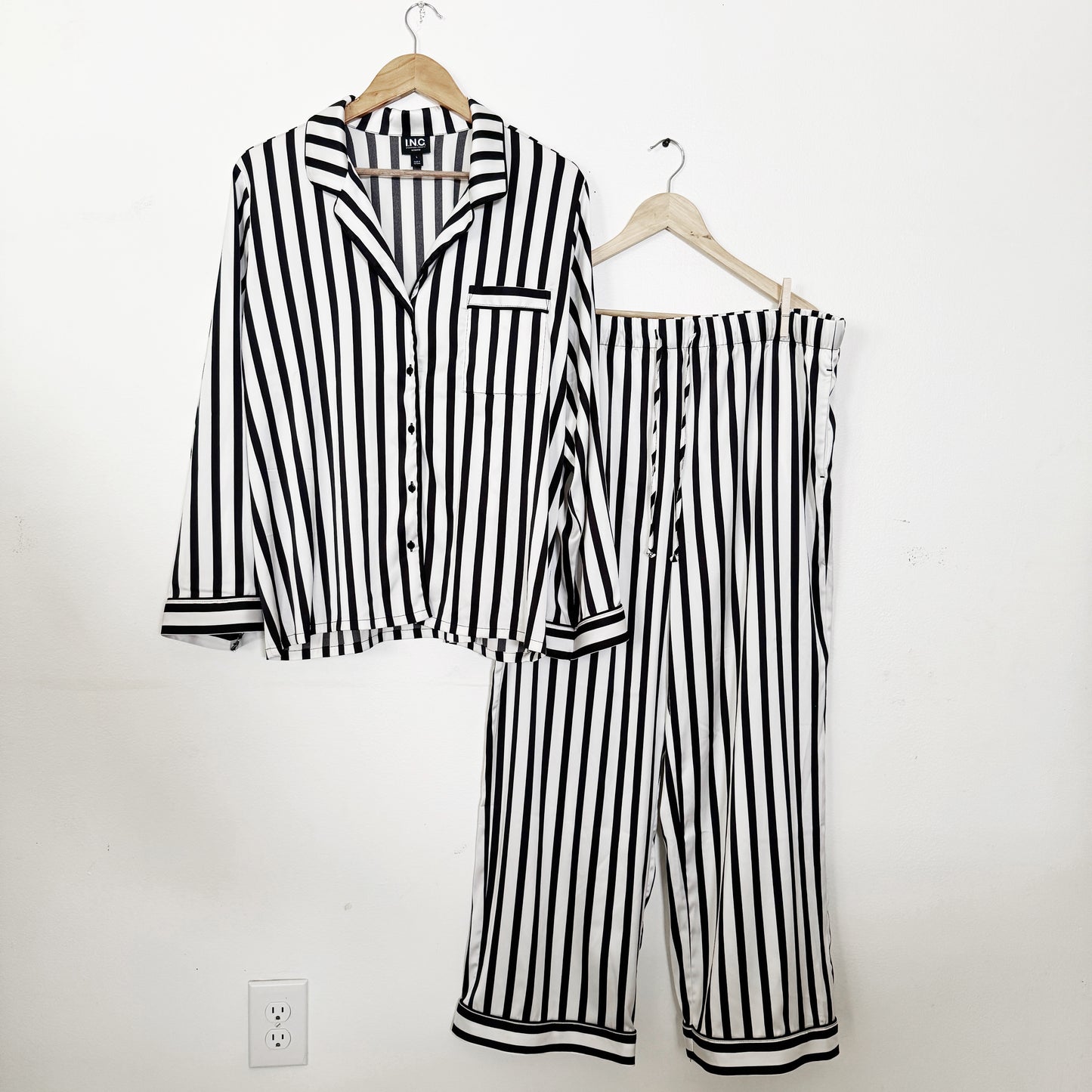 Large | Black and white satin striped pjs By Inc