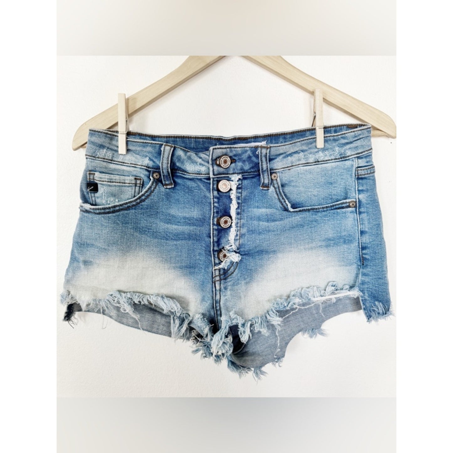 Kancan High-Rise Light Blue Distressed Denim Shorts with Button Fly large