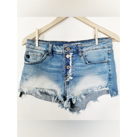 Kancan High-Rise Light Blue Distressed Denim Shorts with Button Fly large