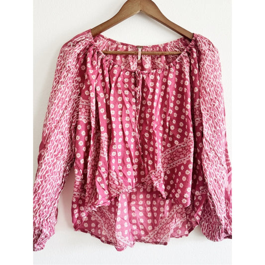 Free People Women's Pink Floral Peasant Blouse with Long Sleeves XS