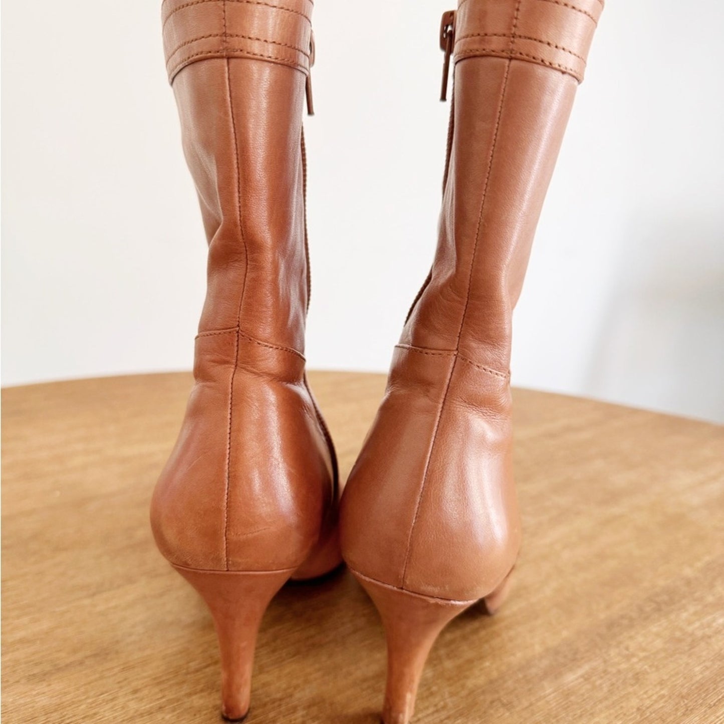 Nine West Tan Leather Pointed-Toe Mid-Calf Heeled Boots size 6