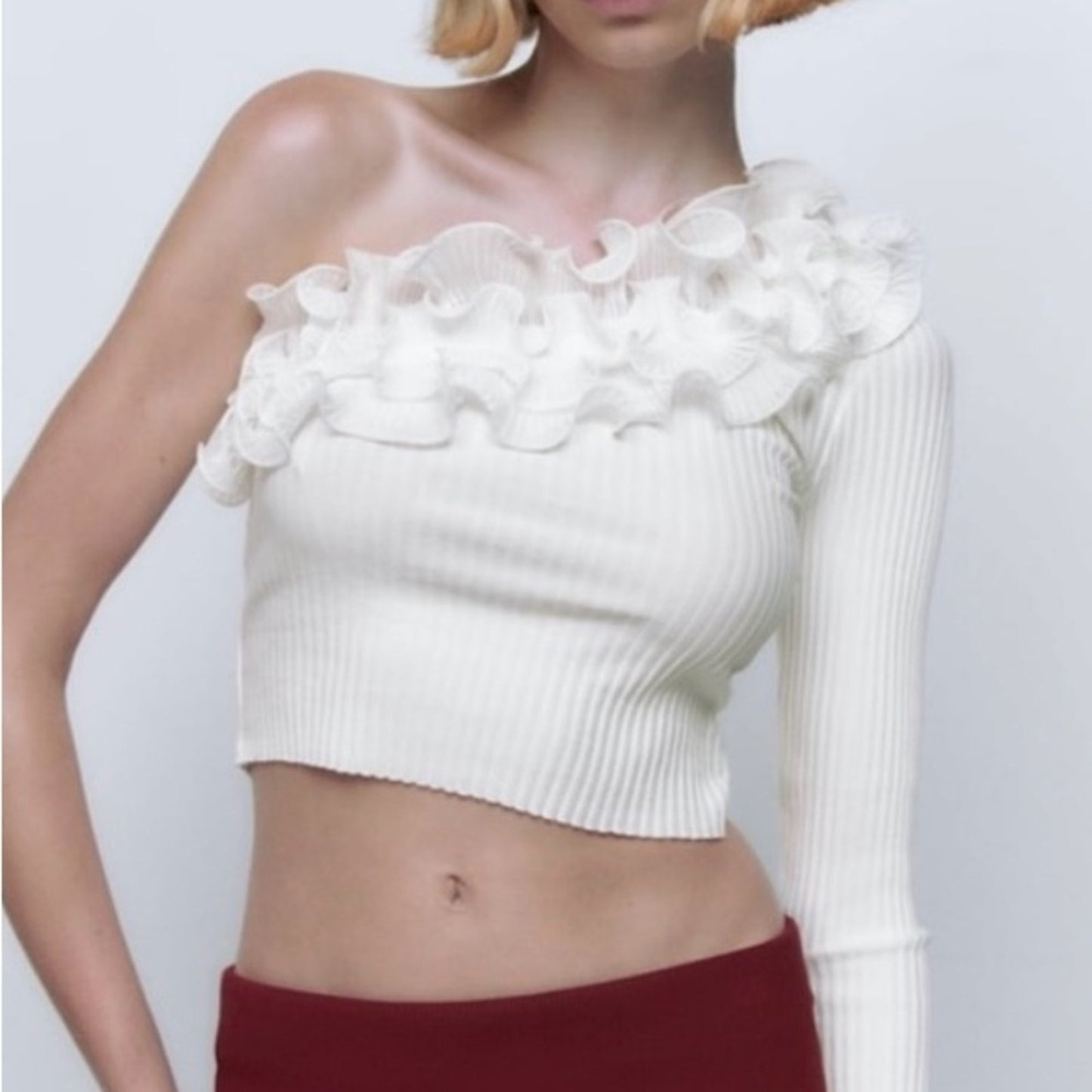 Zara 1 shoulder ruffle ribbed crop medium
