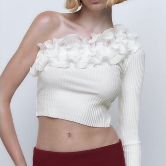 Zara 1 shoulder ruffle ribbed crop medium