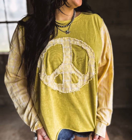 Large | boho yellow peace sign plaid top