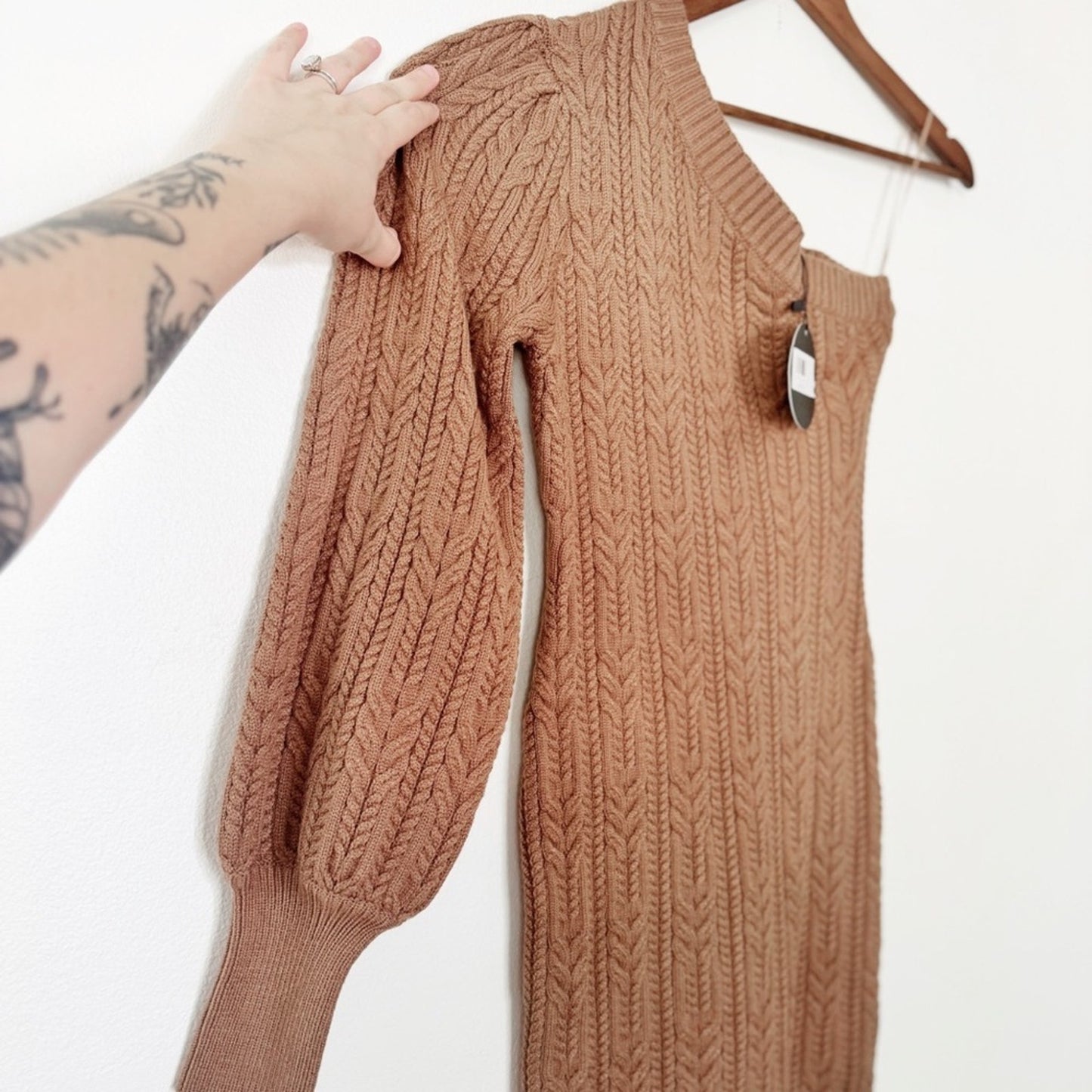 Mittoshop Brown Cable Knit one shoulder Sweater Dress small NWT