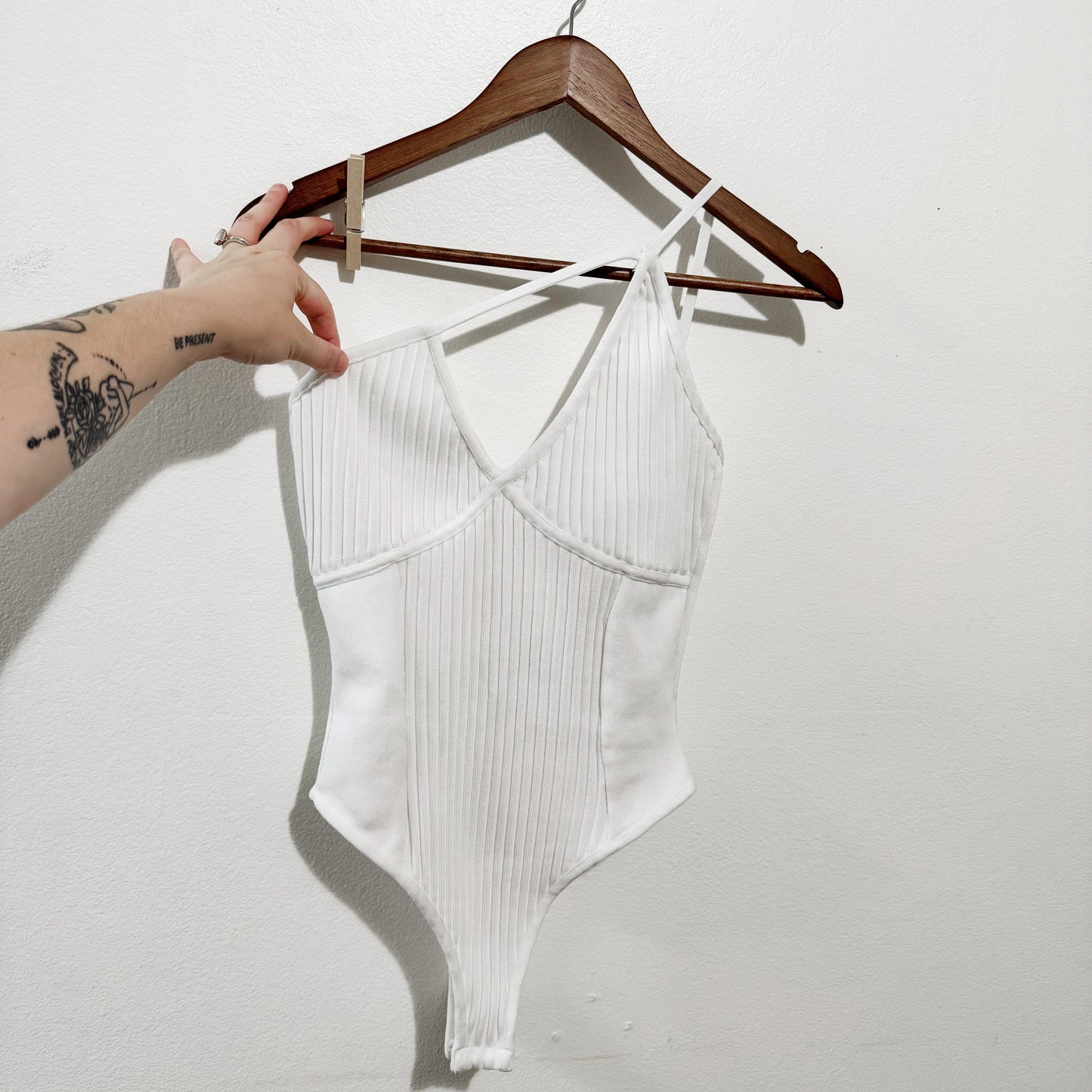 Small | Lulus White ribbed one shoulder bodysuit