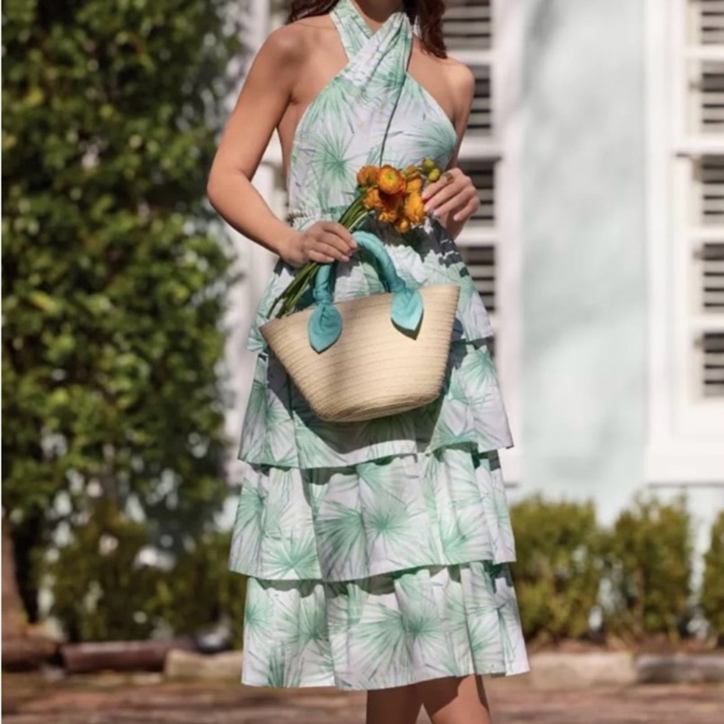 Crown & Ivy Halter Midi Dress in Mint Palm Print XL