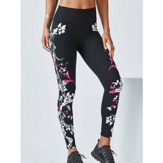 Fabletics Yoga Black Leggings with White and Pink Floral Side Print small NWT