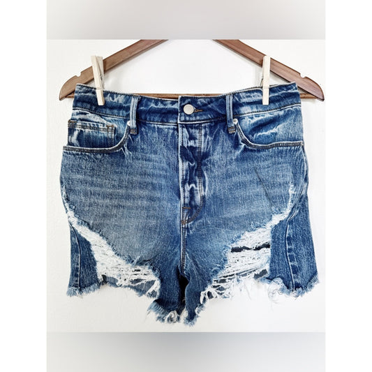 Good American Medium Blue Denim Shorts with Distressed Detailing 4/27