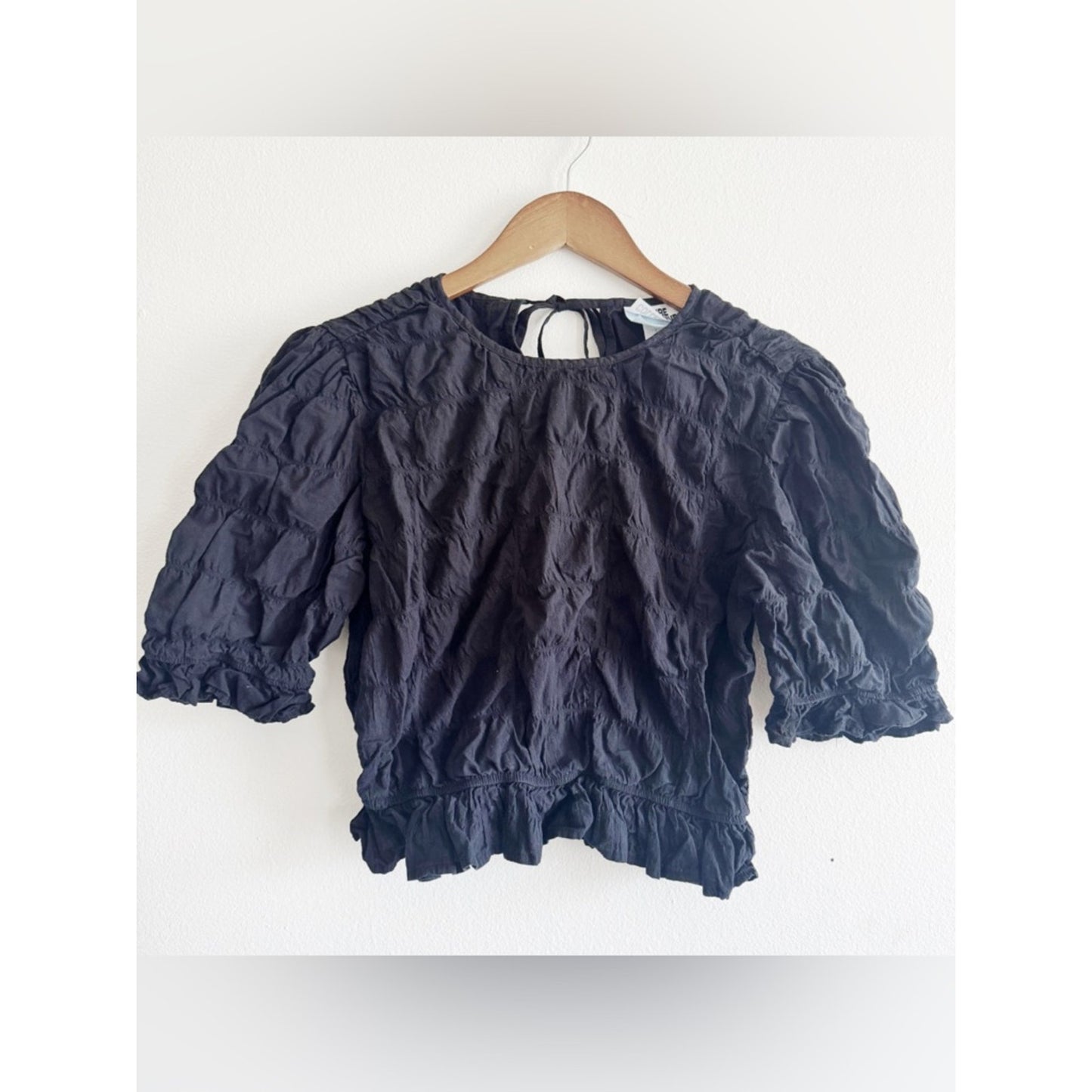Future Collective Black Ruffle-Hem Puff Sleeve Blouse small