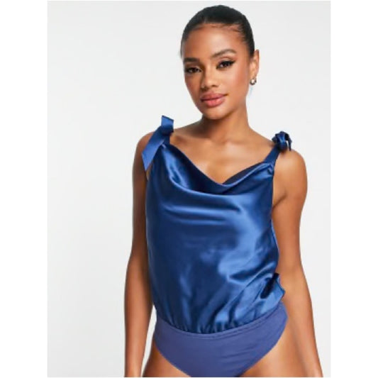 Le Lis Satin Cowl-Neck Bodysuit in Cornflower Blue medium