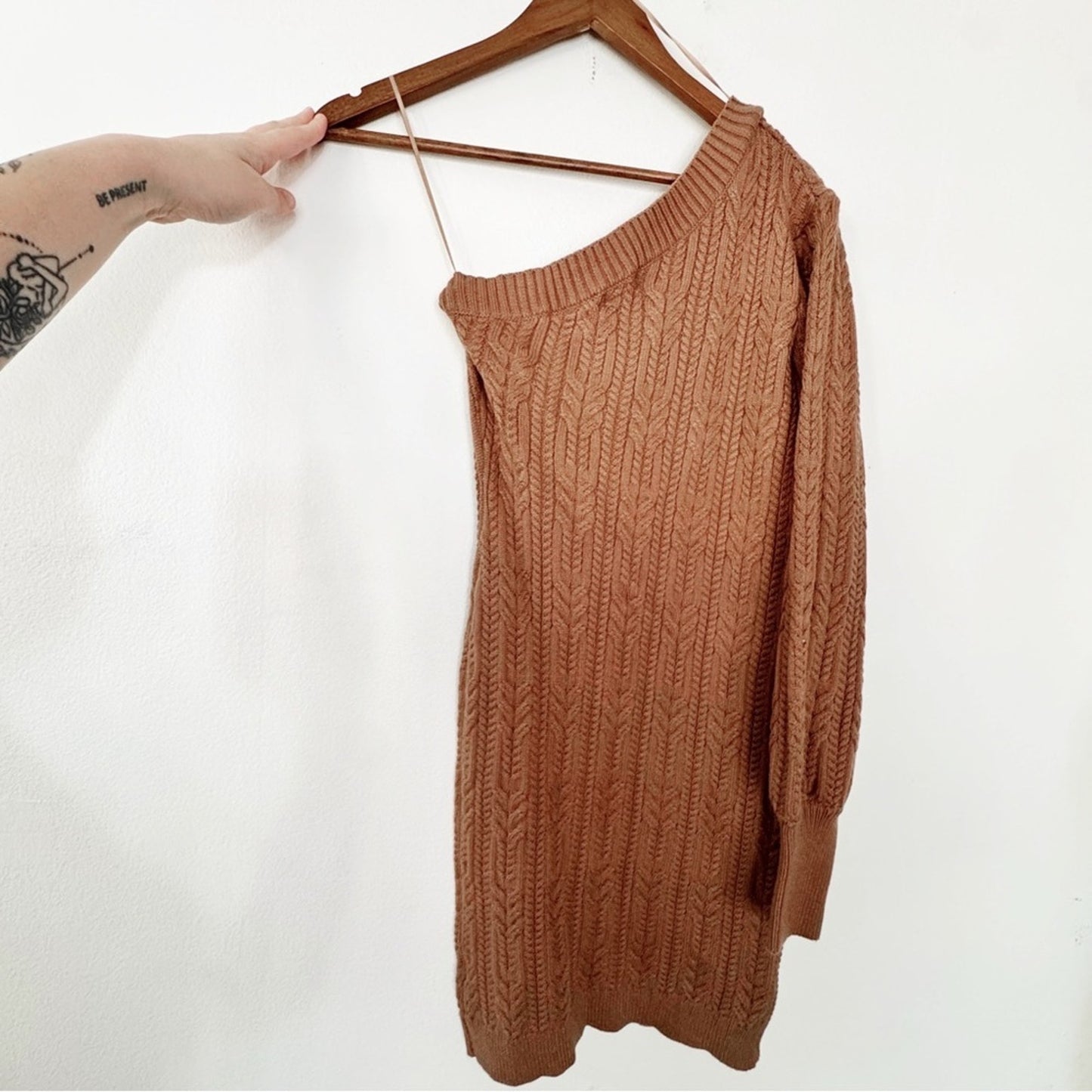 Mittoshop Brown Cable Knit one shoulder Sweater Dress small NWT