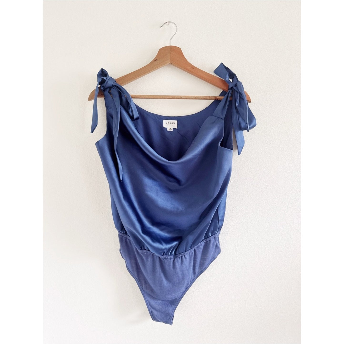 Le Lis Satin Cowl-Neck Bodysuit in Cornflower Blue medium