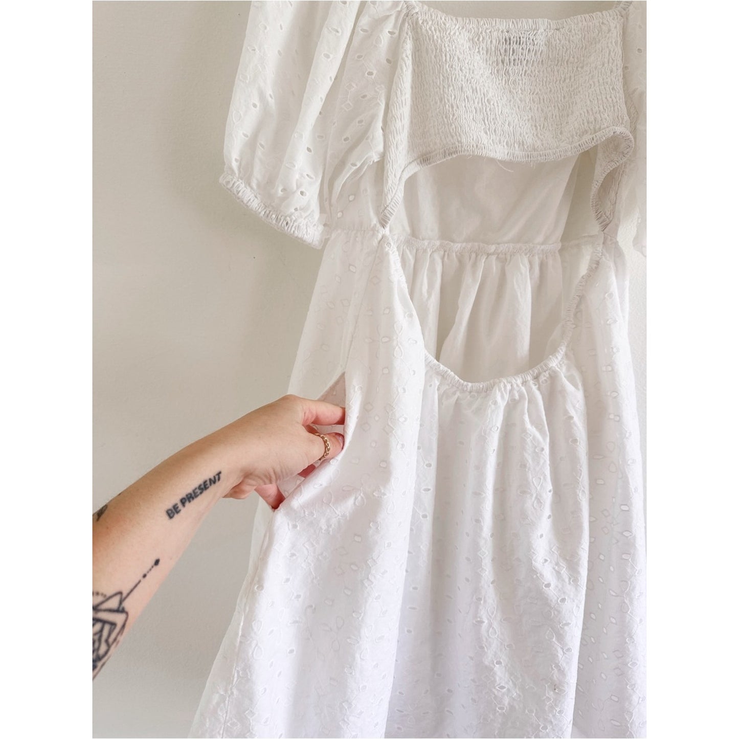 a new day White Eyelet Dress with Square Neck and Smocked Back medium