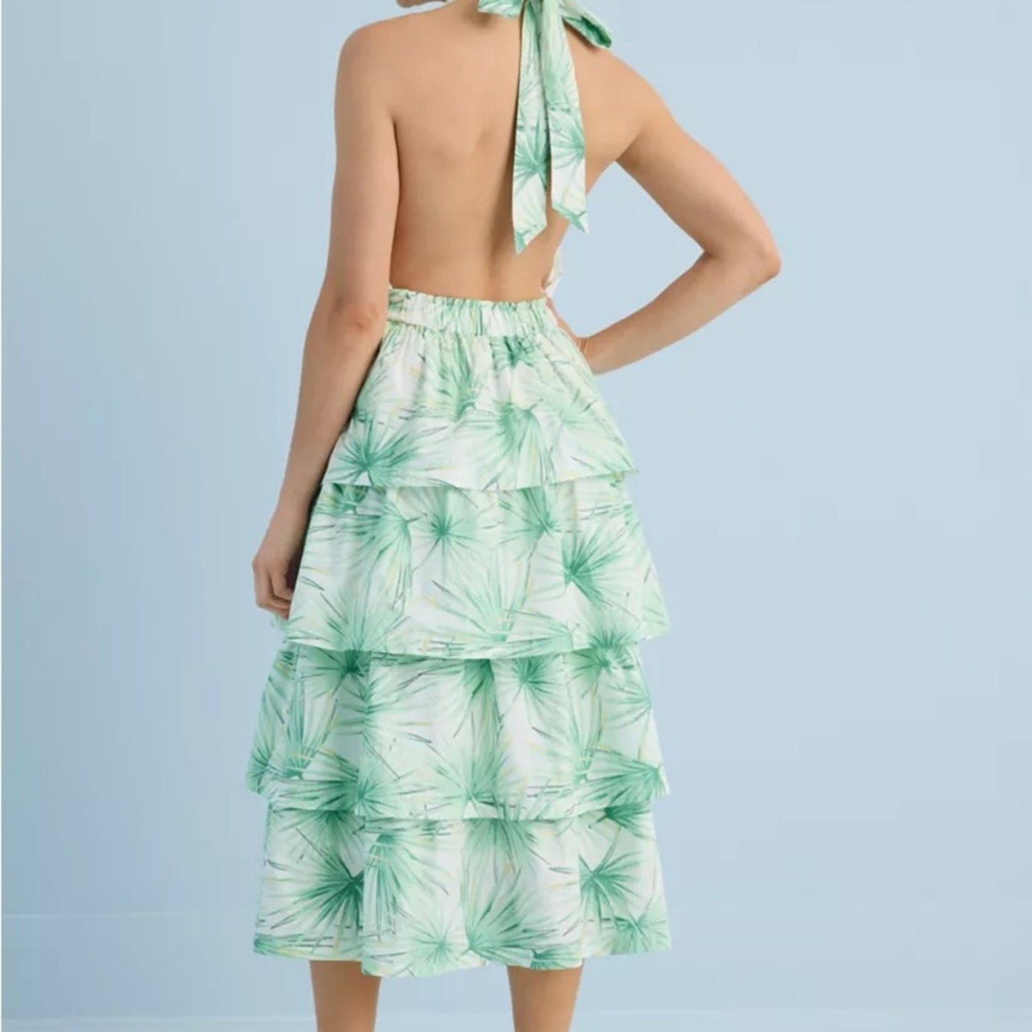 Crown & Ivy Halter Midi Dress in Mint Palm Print XL