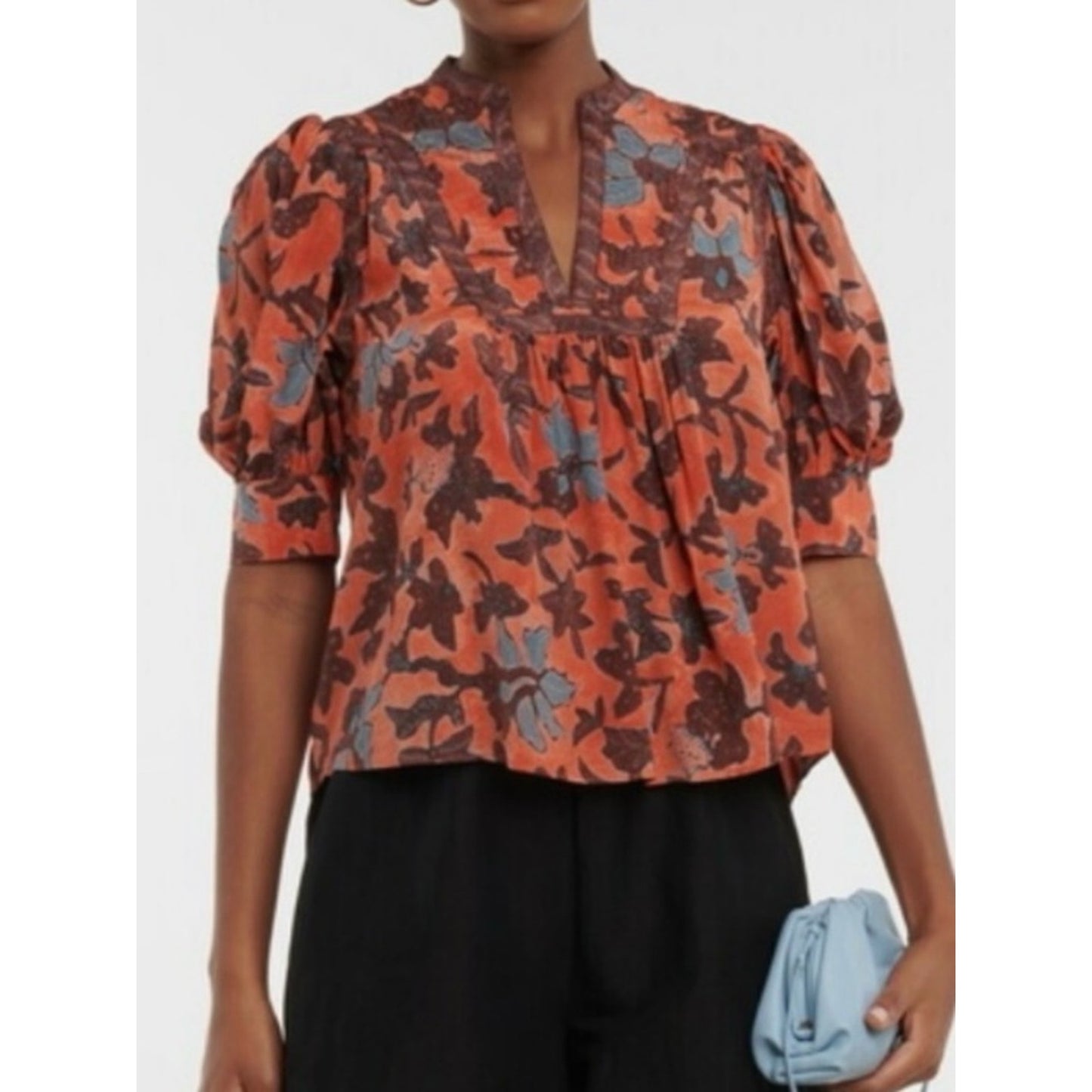 Ulla Johnson 100% silk Coral and Brown Floral Velvet Top size 6